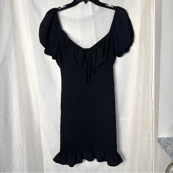 Love Stitch Black Dress Smocked Puff Sleeve Babydoll Mini Dress w/ Ruffle Hem - Picture 11 of 16